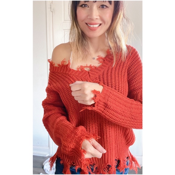 #41 Cozy V neck Distressed Frayed Oversized Sweater Top - Picture 3 of 9